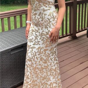 Elegant Gold and White Evening Gown